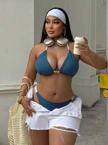 Swim SXY 大码女式两件套纯色挂脖系带性感沙滩度假比基尼泳装 - 綠色 - 查看 4