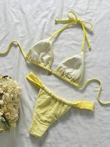 Swim Mod Women's Jacquard Fabric Halter Bikini Set, Spring/Summer - Yellow - View 2