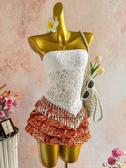 Elamini Women's White Cashew Floral Pattern High Elastic Bandeau Backless Asymmetrical Hem Lace Patchwork Design Sexy Romantic Beach Vacation Top, Summer