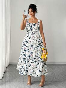 Elenzga 大码女式新款优雅休闲百搭印花方领连衣裙，春夏款 - 白色 - 查看 1