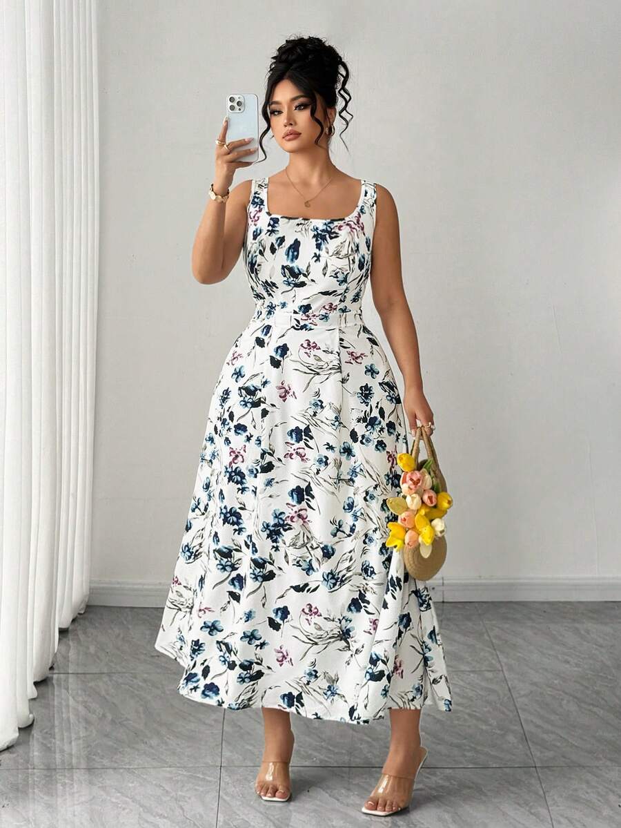 Elenzga 大码女式新款优雅休闲百搭印花方领连衣裙，春夏款 - 白色 - 查看 1