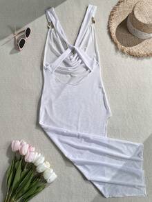 Swim Basics Áo khoác ngoài bikini mùa hè mới 2026 dành cho nữ, màu trắng trơn, chất liệu lưới, khóa kim loại trang trí, cổ khoét sâu, không tay, dáng rộng, gợi cảm. - trắng - Xem 8
