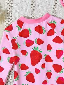 SHEIN GraphicGems 女婴可爱粉色草莓荷叶边连体泳衣，弹力舒适，适合夏季游泳 - 彩色 - 查看 5