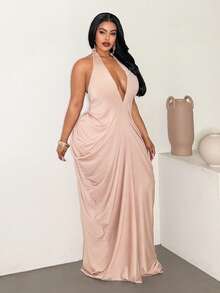 Maweii 大码女式深V领系腰甜美优雅时尚百搭纯色连衣裙 - 粉色 - 查看 3