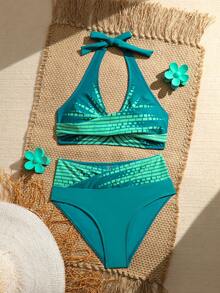 Swim Lushoire Traje de baño de mujer con estampado minimalista y escote halter - Multicolor - Ver 2