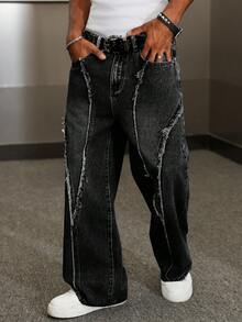 Manfinity EMRG Pantalones anchos de hombre con efecto desgastado, parches y lavado vintage, de moda urbana - Negro - Ver 3