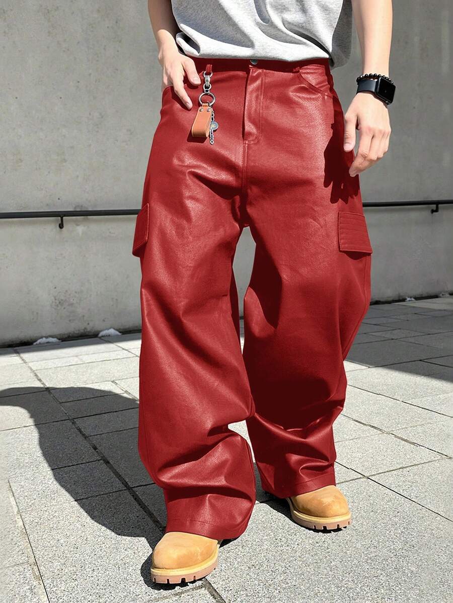 Manfinity EMRG Manfinity加大码男士黑色PU皮革宽松直筒工装裤,时尚百搭,送给男友的绝佳礼物 - 紅色 - 查看 1