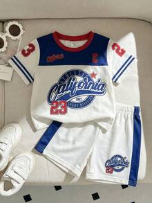 SHEIN Conjunto de camiseta de manga corta con cuello redondo y estampado de letras deportivo, y pantalones cortos para bebé niño - Multicolor - Ver 11