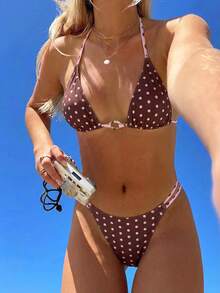 Swim Mod Bộ bikini hai mảnh buộc dây cổ in họa tiết chấm bi dành cho nữ, thích hợp cho bãi biển và khu nghỉ dưỡng, mùa xuân/hè. - Nhiều màu - Xem 1