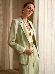 MOTF PREMIUM 亚麻混纺梭织腰带西装外套，复古风格，春夏款 - 薄荷綠 - 查看 4