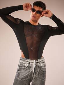 FeverCity Men's Round Neck Long Sleeve Mesh Patchwork Sexy Sheer Jumpsuit - Black - View 4
