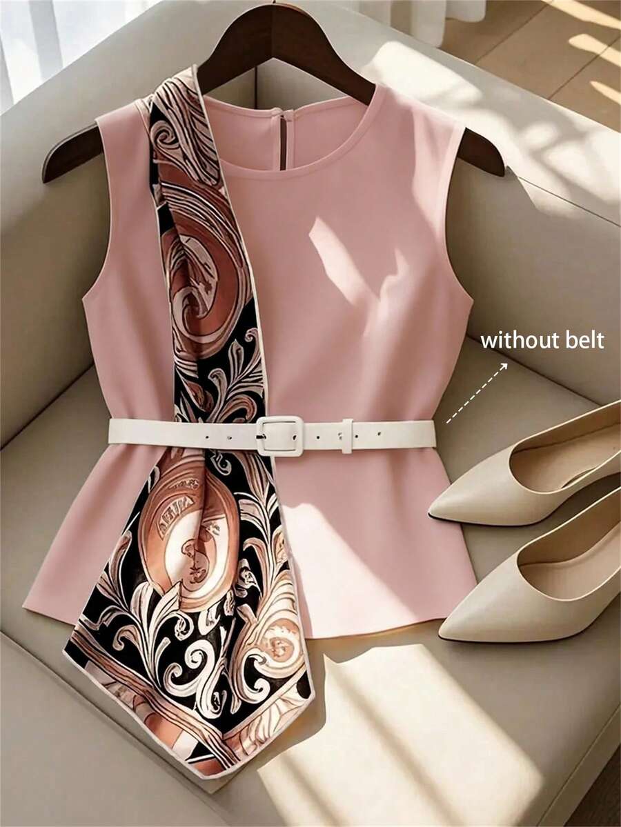 GlowEve Women's Spring/Summer Printed Patchwork Sleeveless Top With Waist Belt Loop - Pink - View 1