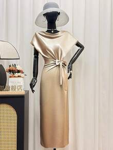 GlowEve 女士优雅系带中长连衣裙，适合派对穿着 - 杏色 - 查看 6