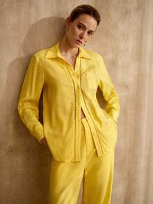 MOTF PREMIUM CAMISA Y PANTALONES DE BOLSILLO DE LINO PARA COMMUTER - Amarillo - Ver 4