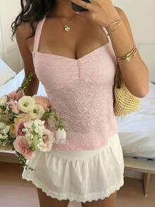 Sunnyshic Áo hai dây cổ yếm buộc nơ màu hồng dành cho nữ, chất liệu có họa tiết. - Hồng - Xem 1
