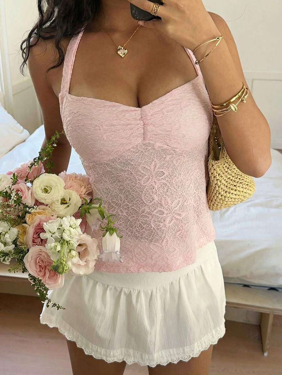 Sunnyshic Áo hai dây cổ yếm buộc nơ màu hồng dành cho nữ, chất liệu có họa tiết. - Hồng - Xem 1