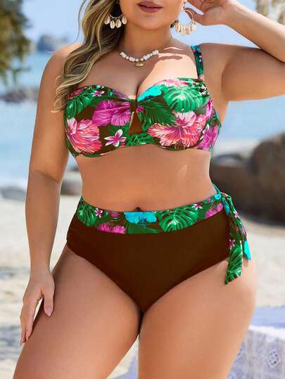 Swim Lushoire Plus Size Women 2pcs Tropical Plant Random Print Irregular Ruffle Trim Top And High Waist Triangle Bottoms Swimsuit Set, Casual For Holiday And Daily Wear