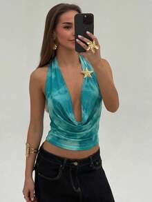 Aloruh Blusa de verano con estampado total, escote halter y espalda descubierta para mujer - Azul - Ver 7