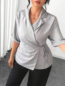 Elenzga Fashionable Casual French Retro Elegant Commuter Bow Tie Collar Half Sleeve Blazer - Light Grey - View 1