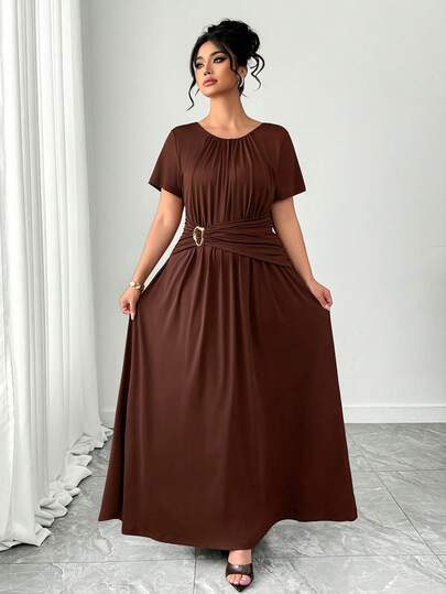 Elenzga Plus Size Women Elegant Casual Commuter Metal Buckle Waist Short Sleeve Round Neck Spring/Summer Dress