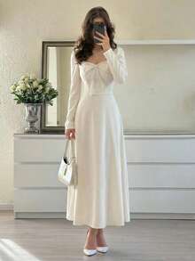 Modelyn Women's Apricot Elegant Knitted Pearl Collar Belted A-Line Long Sleeve Dress - Apricot - View 8