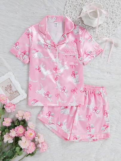 Girls White Cat & Bow Print Faux Silk Trim Contrast Color Short Sleeve Shorts Cardigan Pajama Set, Fashion Lapel Casual Loungewear