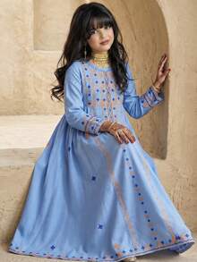 SHEIN Tween Girl Print Long Sleeve Dress, Vacation Style - Blue - View 1