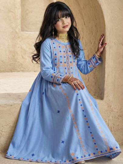 SHEIN Tween Girl Print Long Sleeve Dress, Vacation Style