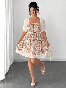 Vestido corto de estilo francés para mujer de talla grande, con nuevo diseño de verano, cuello cuadrado, mangas de pétalos de gasa, cintura ceñida y ajuste delgado - Rosa - Ver 5
