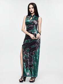 ROMWE Goth Đầm dài kiểu Trung Quốc mới, họa tiết rắn và bướm, chất liệu nhung, dành cho nữ. - Màu xanh lá cây đậm - Xem 5