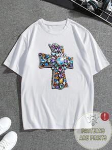 Manfinity Dauomo 男士休闲十字印花圆领短袖T恤，夏季 - 白色 - 查看 5