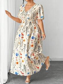 Elenzga 时尚休闲度假法式复古优雅浪漫花瓣袖系腰蝴蝶结印花连衣裙 - 杏色 - 查看 7