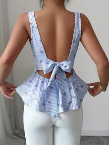 Elenzga Blusa sin mangas con cuello redondo, volantes en el bajo, diseño de lazo y espalda abierta con estampado de rayas - Azul - Ver 3