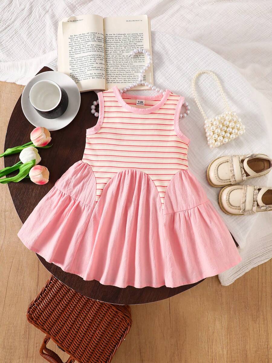 SHEIN Playful Pals 女婴条纹优雅时尚百搭连衣裙，春夏百褶连衣裙，女婴条纹连衣裙，女婴无袖连衣裙，女婴纯棉连衣裙，夏季百褶连衣裙，2-3岁女童夏季连衣裙