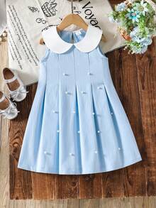 SHEIN Genkimix Kids 春夏新款优雅公主风少女缎面彼得潘领纹理面料珍珠装饰连衣裙 - 藍色 - 查看 7