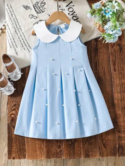 SHEIN 春夏新款优雅公主风少女缎面彼得潘领纹理面料珍珠装饰连衣裙