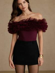 Aveloria Rosie 酒红色露肩连体衣，层叠3D花朵褶皱网纱工艺，精致复古浪漫，舞台风格，适合演出、晚宴、时尚拍摄、约会、晚宴等场合。 - 酒紅色 - 查看 4