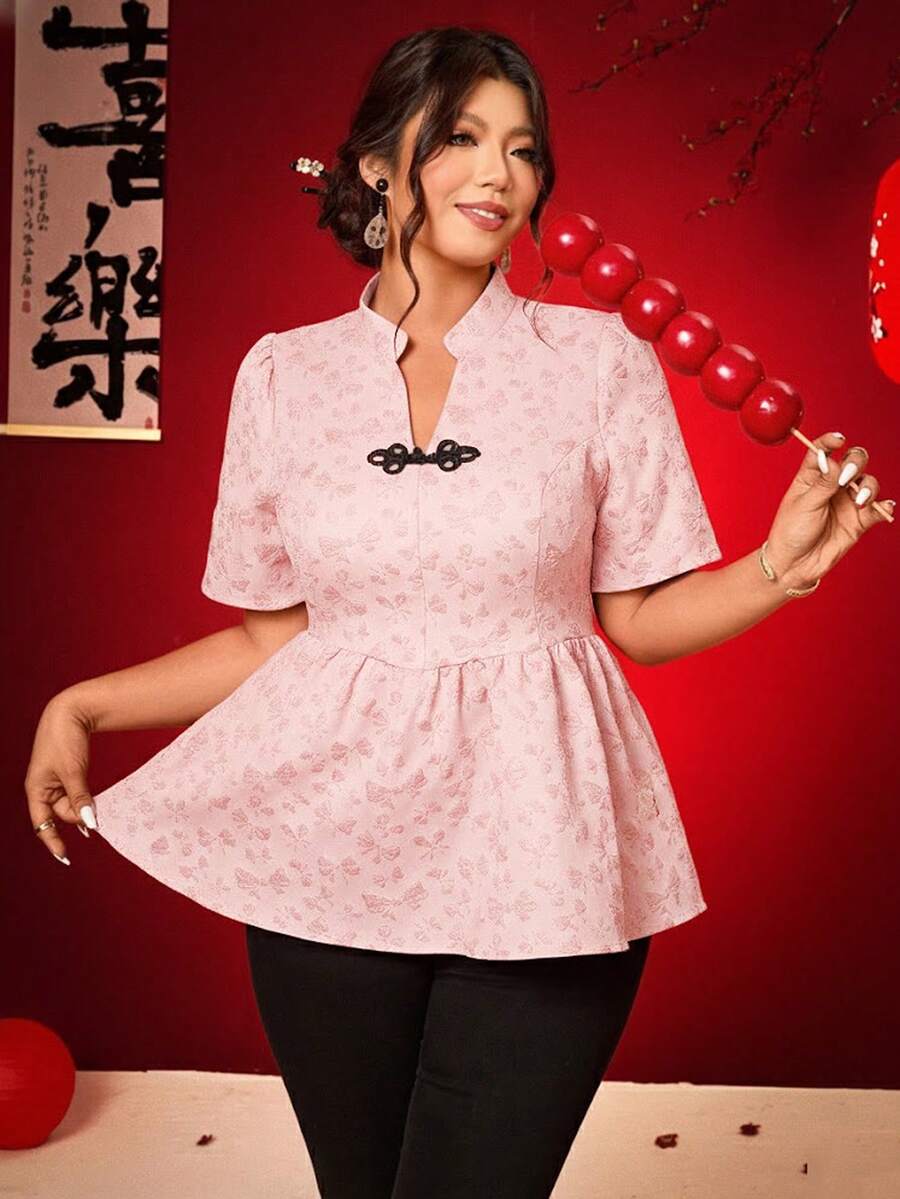 Elenzga 大码女式V领褶皱休闲百搭日常短袖衬衫 - 粉色 - 查看 1