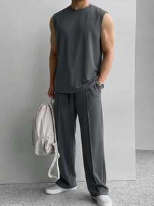 Manfinity Homme Men's Vest And Pants Set, Slim Fit, Grey Vest Set, All-Match Style, Suitable For Daily Wear, Casual And Versatile - Dark Grey - View 1