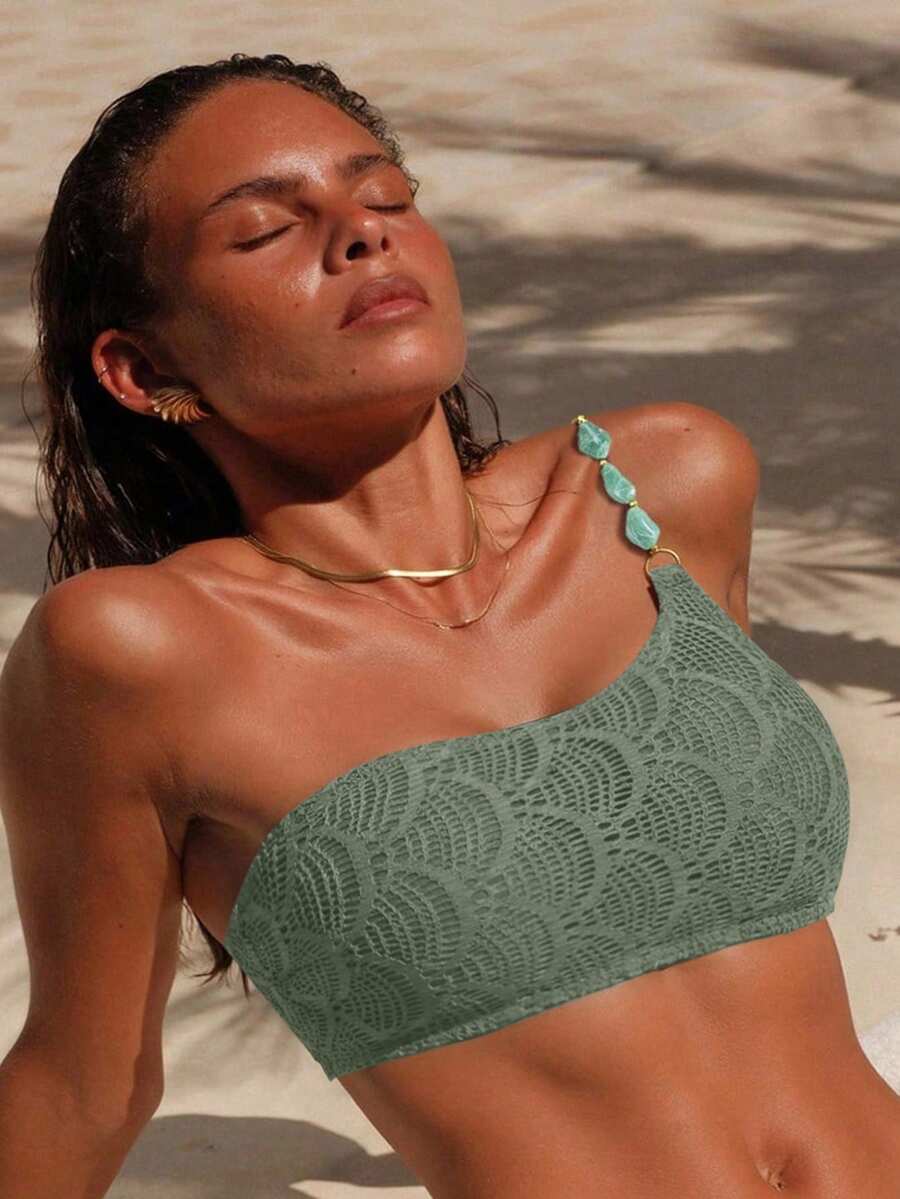 Swim Chiccia Top de bikini elegante de un hombro de malla verde oliva, adecuado para la playa y festivales de música en primavera y verano - Verde - Ver 1
