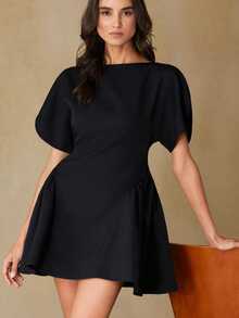 Femmeiva Elegant Black Summer Short Sleeve Dress,Puffy Puff Sleeve Design,Loose A-Line Luxury Cinched Waist Ruched Hem Dress For Dinner Date Party - Black - View 6