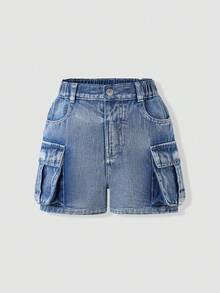 Tween Big Girls Light Blue Summer Casual Vacation Cargo Denim Shorts,High Waist Multi Pocket Loose Versatile Street Style Thin Hot Pants Jean Shorts - Light Wash - View 5