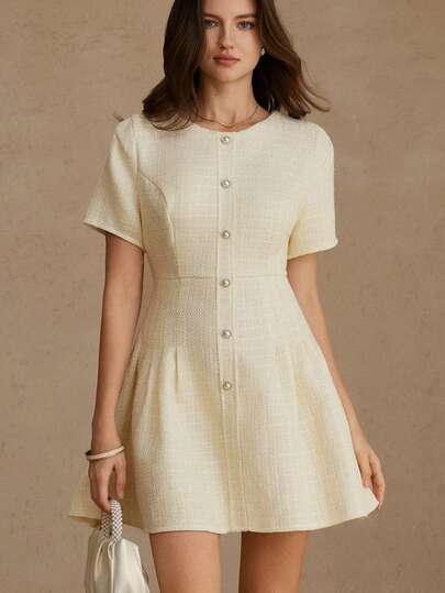 Aveloria Rosie Women's Solid Color Round Neck Pleated Short Sleeve Mini Dress, Made Of Thick Tweed Fabric, Delicate Stitching, French Elegant Retro Style, Suitable For Daily, Commuting And Dating Occasions