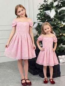 SHEIN Serisse Kids 少女粉色露肩优雅连衣裙，适合青少年穿着，可用于返校、生日派对、晚宴、演出、婚礼、洗礼、开幕式、学校活动、旅行、万圣节、毕业舞会、音乐会、圣诞节、新年等场合。 - 粉色 - 查看 5