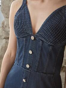 MOTF PREMIUM DENIM FOLD PLEATED BUST SLIP DRESS, SPRING/SUMMER - Dark Wash - View 2