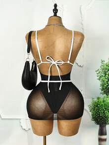 Swim SXY 优雅黑色深V连体泳衣，性感金属扣设计，显瘦塑形，适合度假和水疗 - 黑色 - 查看 6