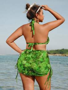 Swim SXY 大码女式两件套花卉豹纹比基尼上衣和配套花卉豹纹半身裙休闲沙滩度假泳装套装 - 綠色 - 查看 2