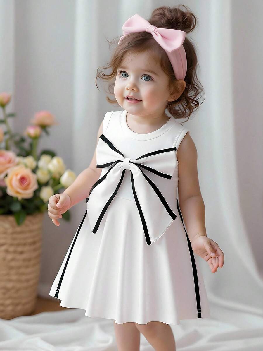 Infant/Toddler Girls' Knitted Crew Neck Sleeveless Big Bowknot Ivory Dress, Summer White Fashion Elegant Soft Little Dress - White - View 1