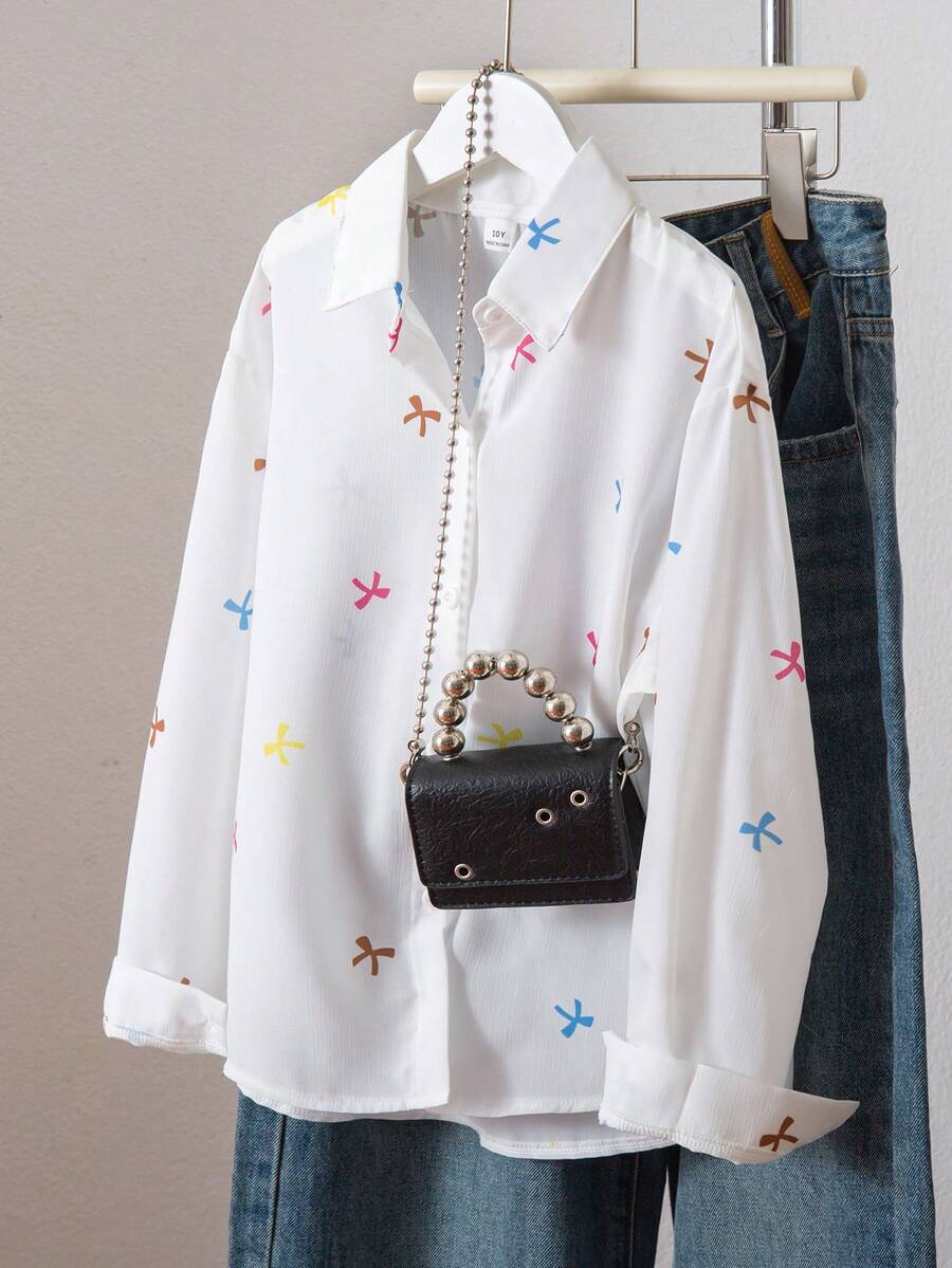 SHEIN 1 chiếc áo sơ mi dài tay cổ bẻ kẻ sọc có thêu họa tiết dành cho bé gái, kiểu dáng thường ngày cho mùa thu. - trắng - Xem 1