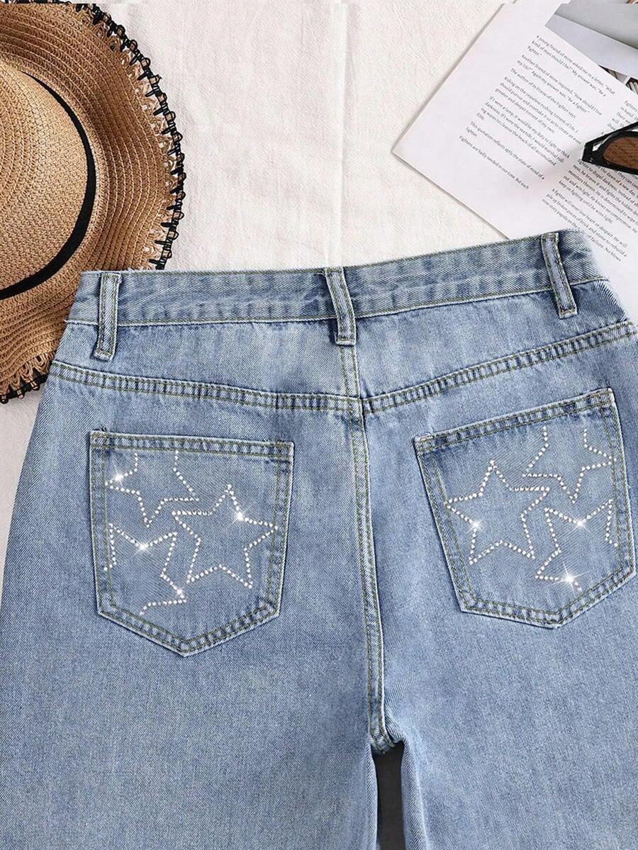 SHEIN ICON Women's Rhinestone Star Washed Denim Straight Leg Shorts - Light Wash - View 1
